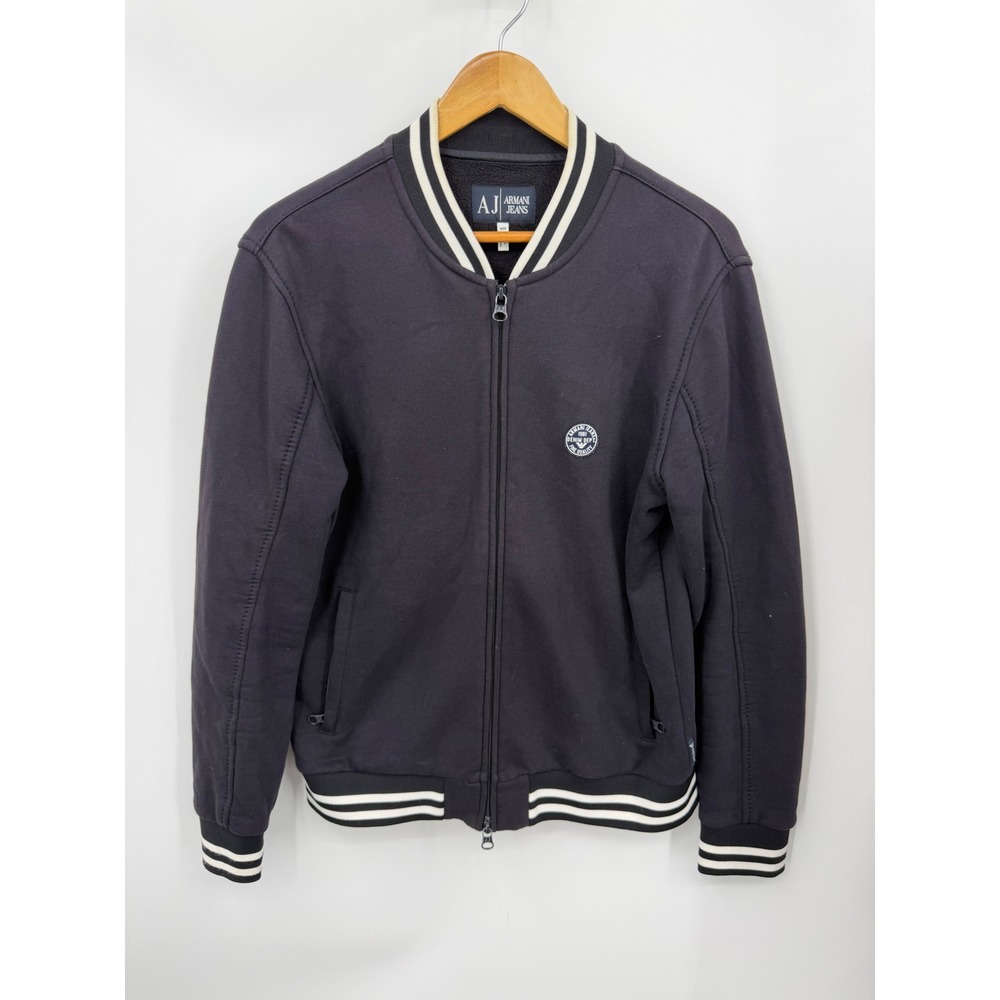 Armani Jeans Bomber Jacket Mens Large Navy Blue Striped Trim Full Zip Varsity